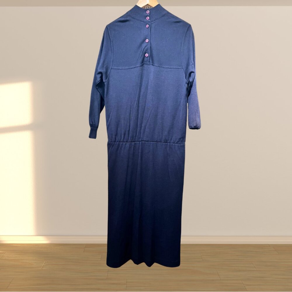 Vintage 90s Navy Knit Turtleneck Sweater Dress | Minimalist Midi - Picture 2 of 6